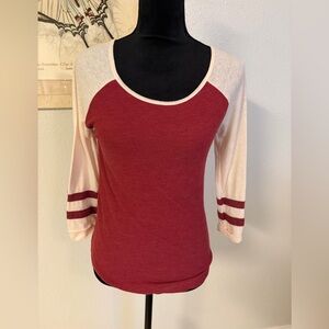 Lucky Brand Red and Cream Raglan Top Size Small